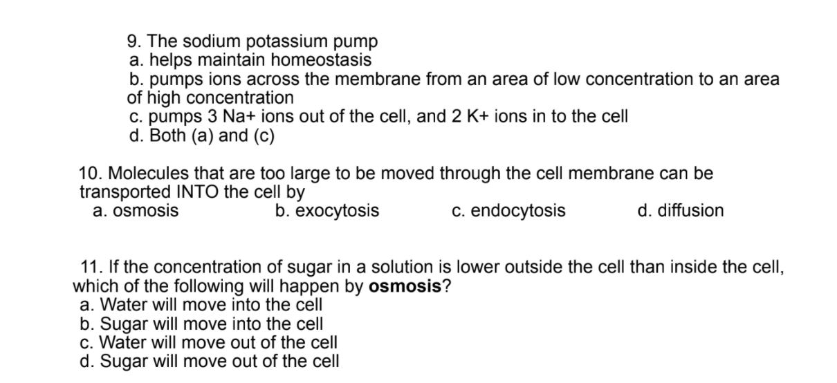Solved 9. The sodium potassium pump a. helps maintain | Chegg.com