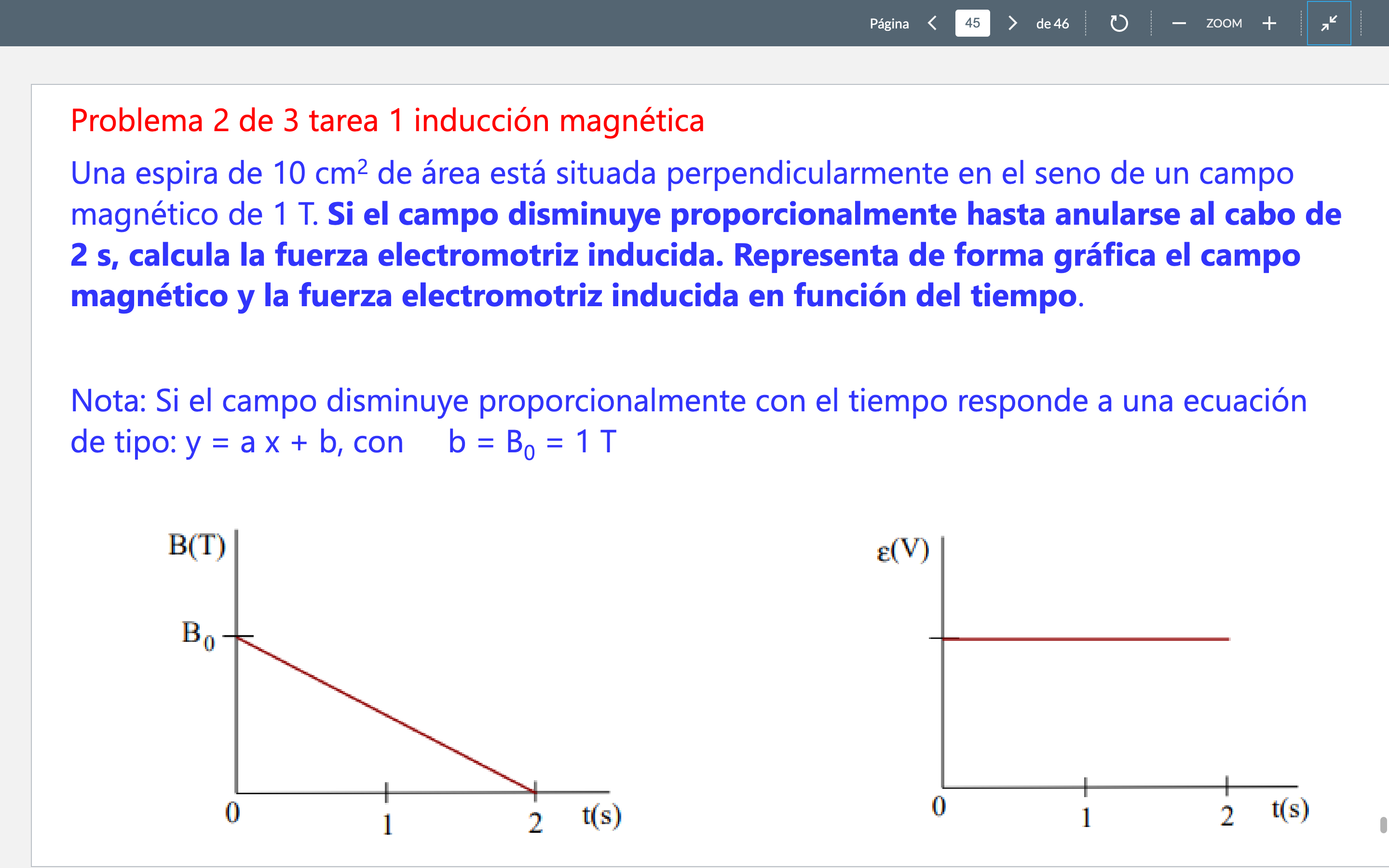 Problema 2 de 3 tarea 1 inducción magnética Una espira de \( 10 \mathrm{~cm}^{2} \) de área está situada perpendicularmente e