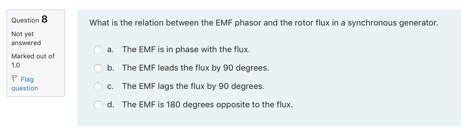 What is the relation between the EMF phasor and the rotor flux in a synchronous generator.
a. The EMF is in phase with the fl