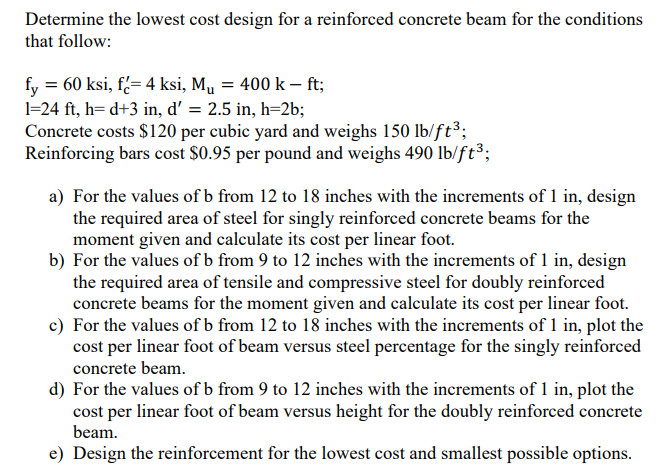 Solved Determine the lowest cost design for a reinforced | Chegg.com