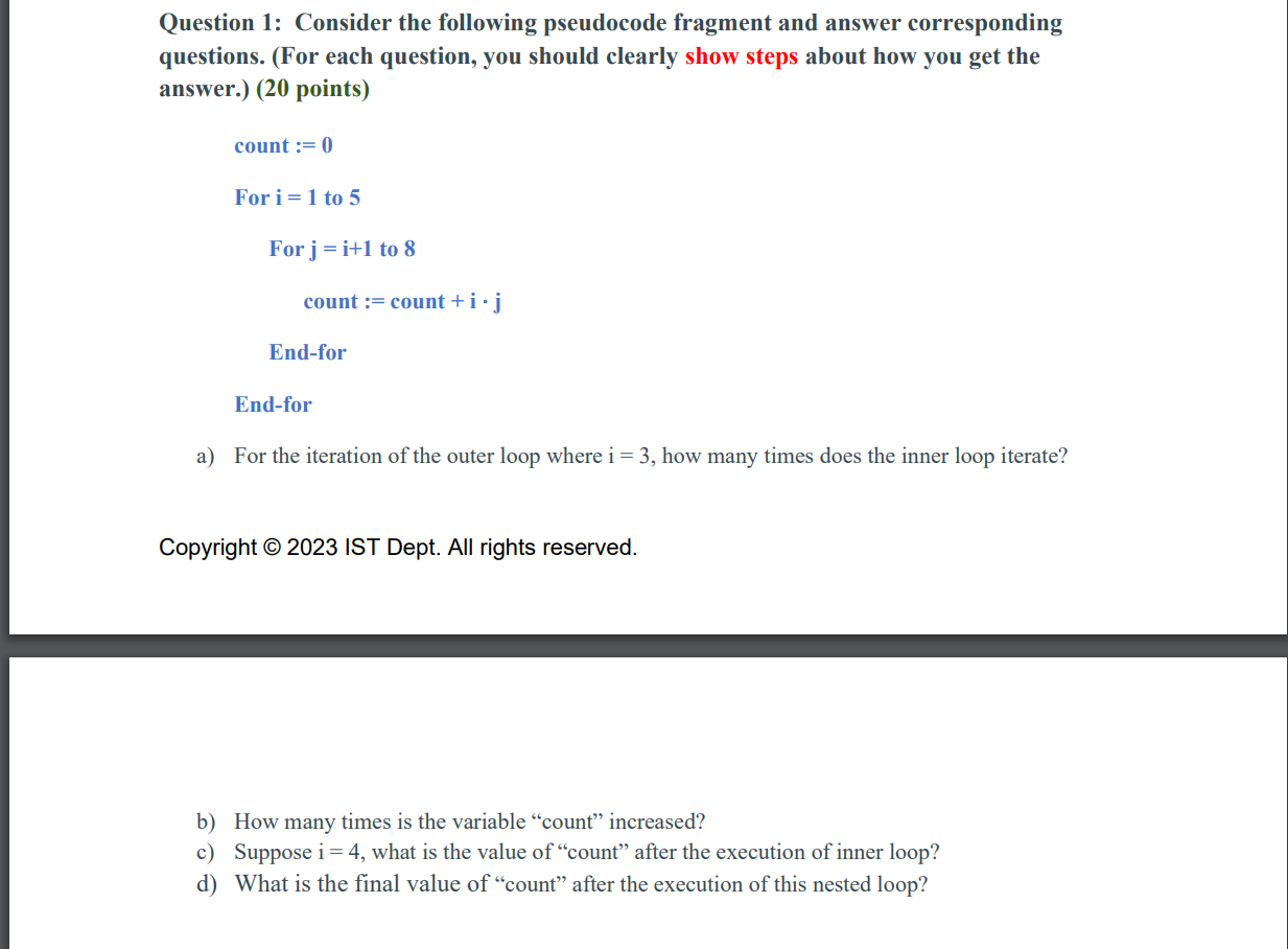 Solved Question 1: Consider The Following Pseudocode | Chegg.com