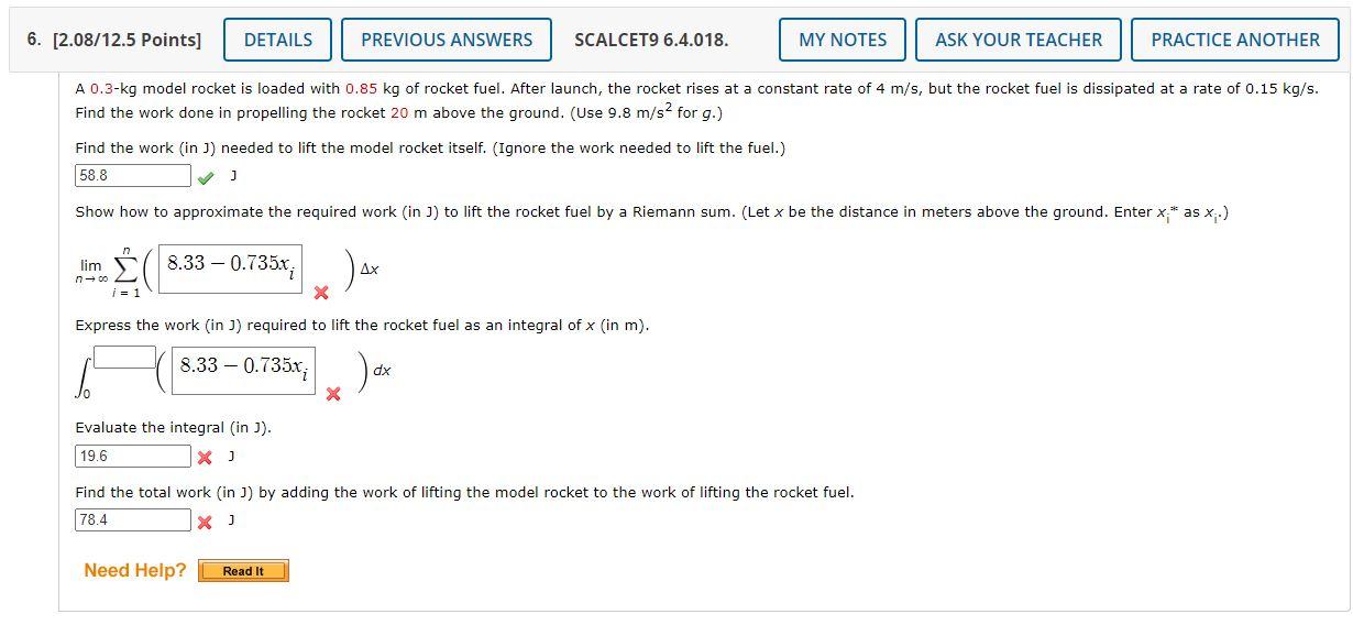 A \( 0.3-\mathrm{kg} \) model rocket is loaded with \( 0.85 \mathrm{~kg} \) of rocket fuel. After launch, the rocket rises at