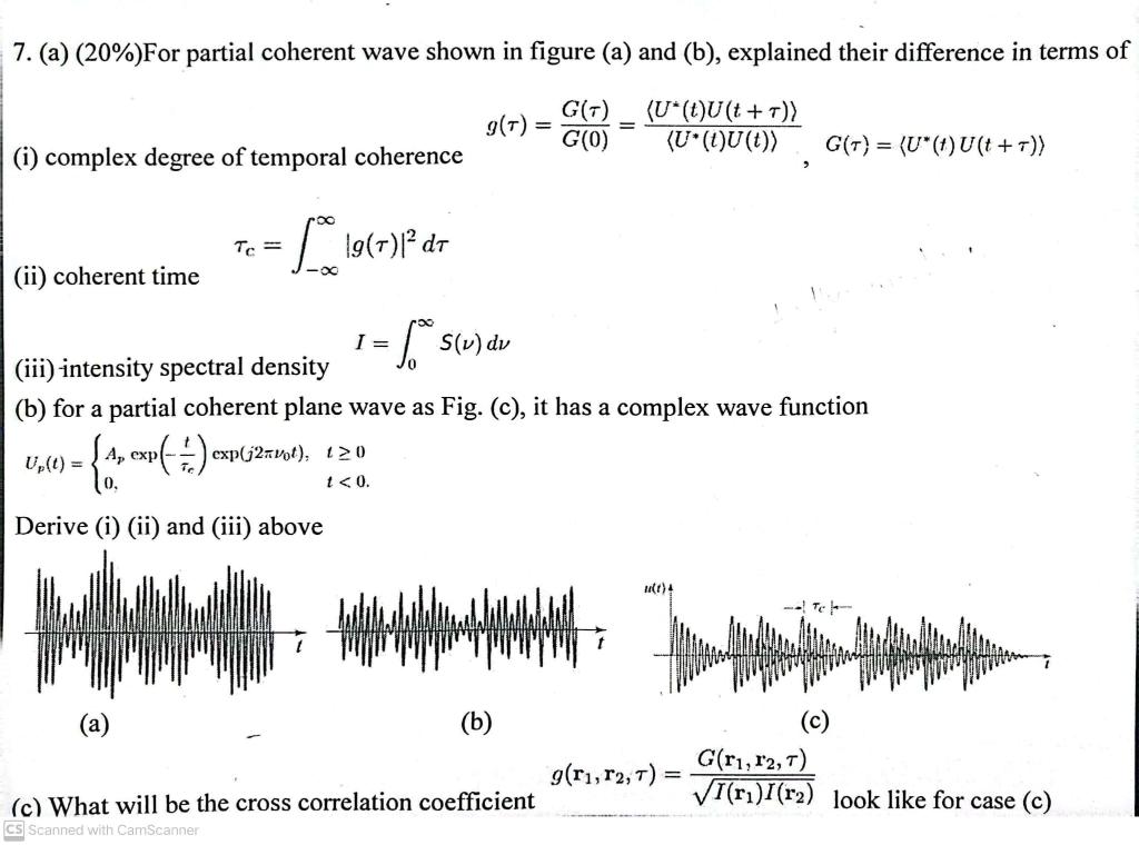 7. (a) (20\%)For partial coherent wave shown in figure (a) and (b), explained their difference in terms of
(i) complex degree