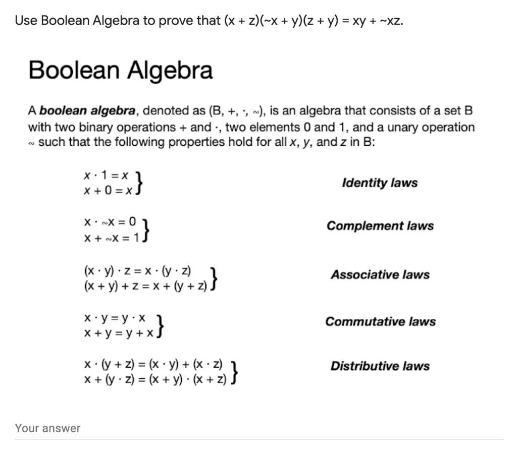 Solved Use Boolean Algebra To Prove That X Z X Y Z