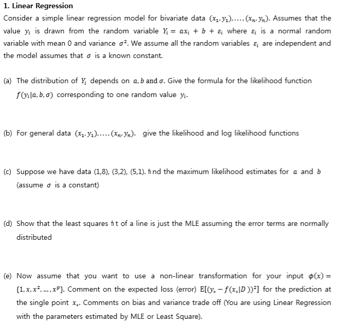 Solved 1. Linear Regression Consider a simple linear | Chegg.com