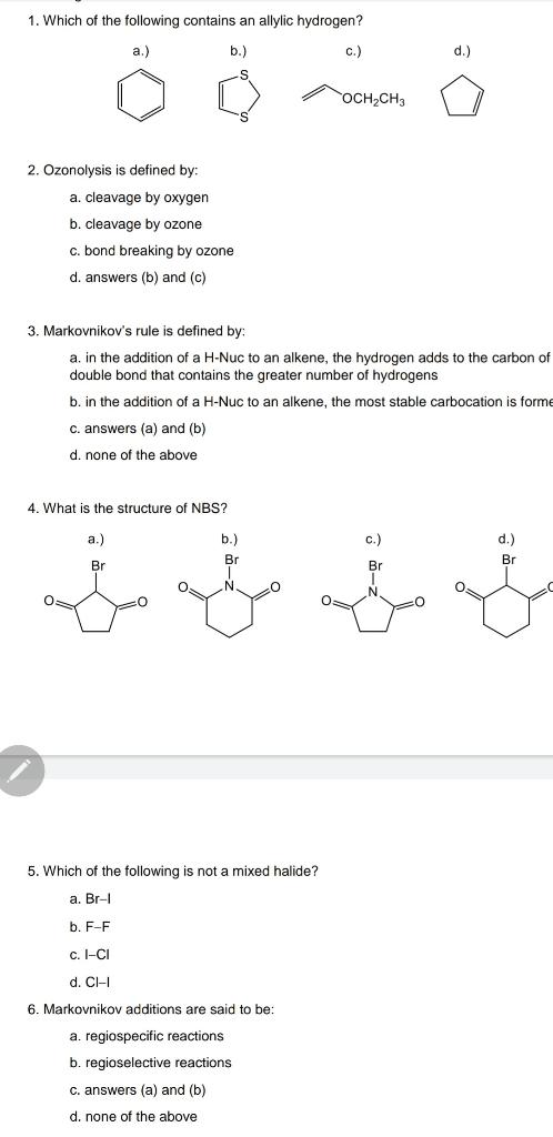 Solved 1. Which of the following contains an allylic | Chegg.com
