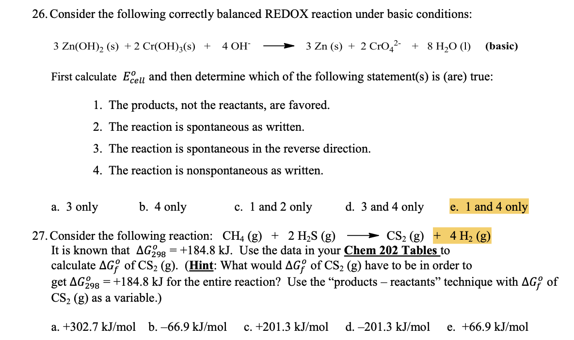 Solved 26. Consider the following correctly balanced REDOX | Chegg.com