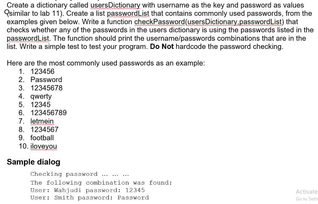 Solved Create a dictionary called usersDictionary with | Chegg.com