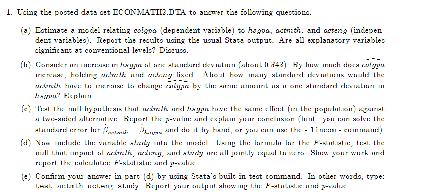 Solved 1. Using the posted data set ECONMATH2.DTA to answer | Chegg.com