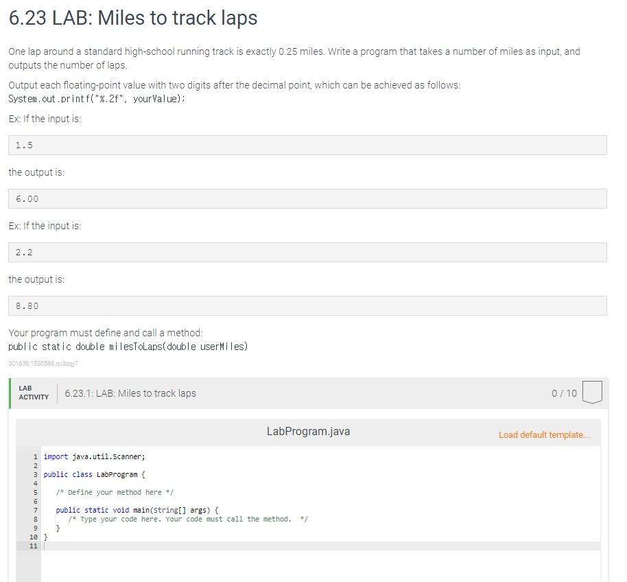 Solved 6.23 LAB: Miles to track laps One lap around a | Chegg.com