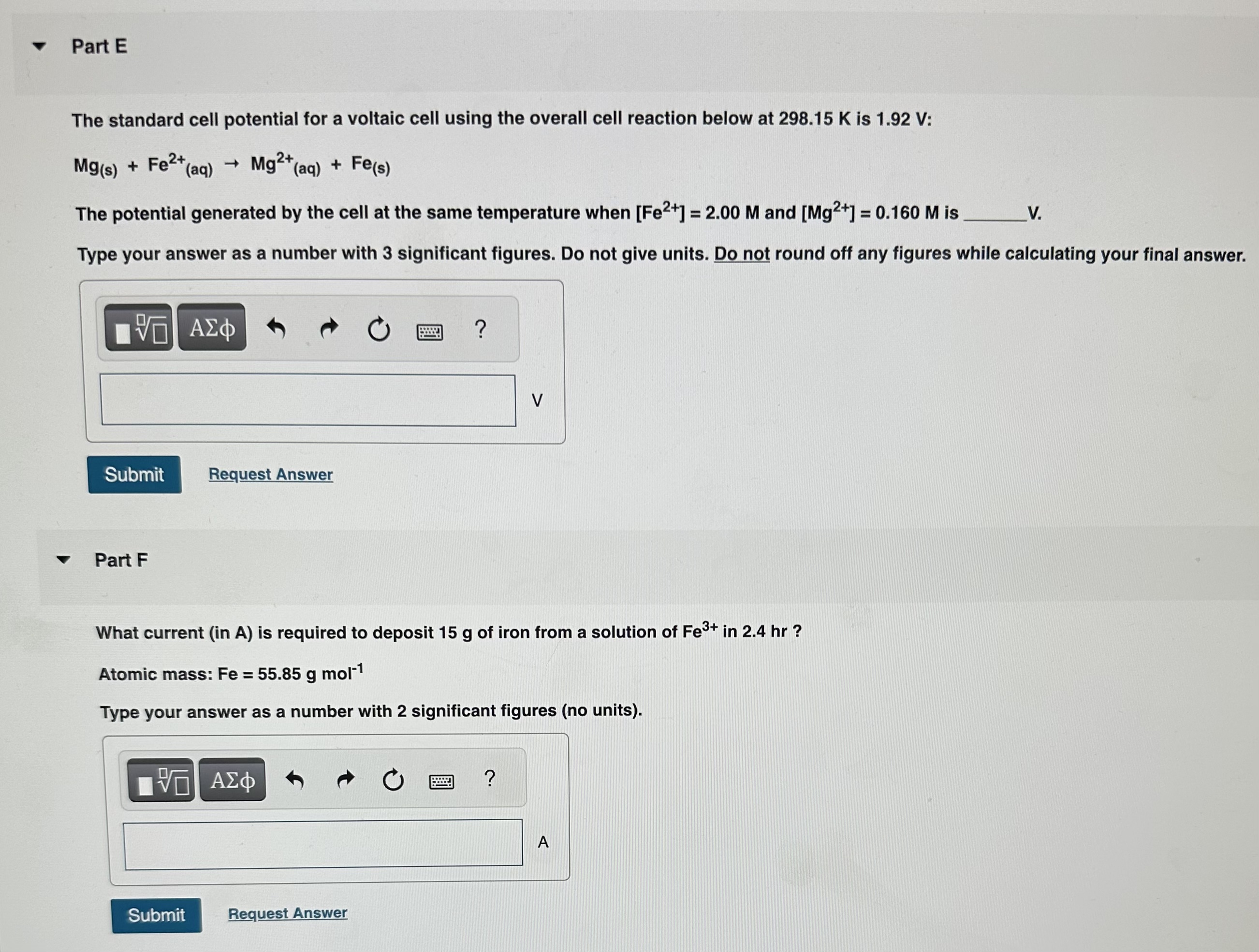 Solved The standard cell potential for a voltaic cell using | Chegg.com