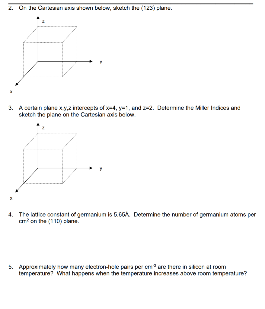 2. On the Cartesian axis shown below, sketch the (123) plane.
3. A certain plane \( x, y, z \) intercepts of \( x=4, y=1 \), 