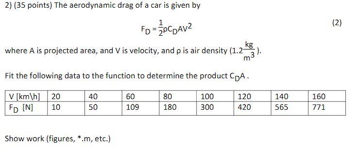 Solved 2) (35 points) The aerodynamic drag of a car is given | Chegg.com