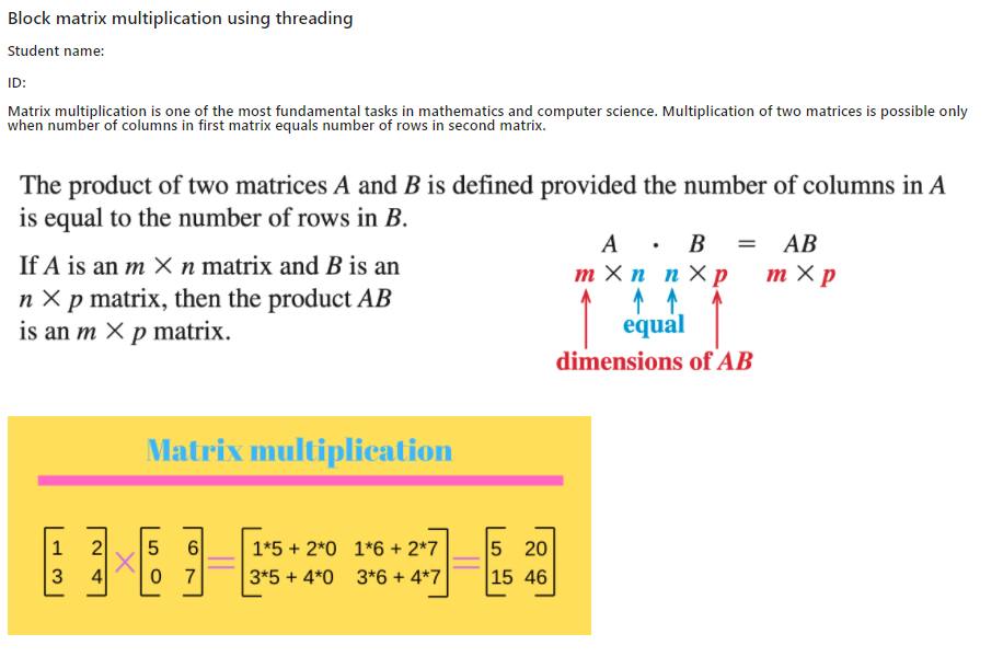 Block matrix multiplication using threading Student