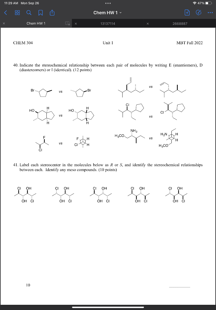 Solved 40 Indicate The Stereochemical Relationship Between Chegg Com