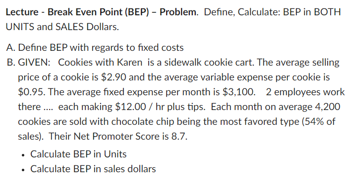 Solved Lecture - ﻿Break Even Point (BEP) - ﻿Problem. Define, | Chegg.com