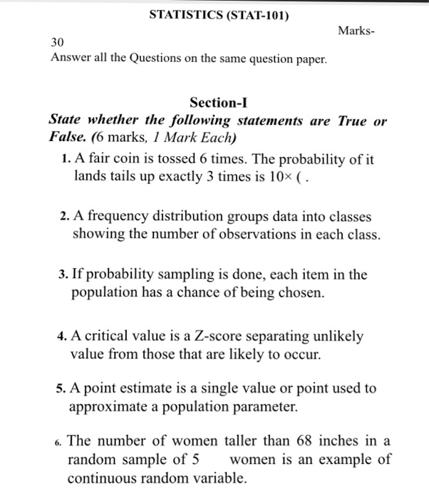 Solved STATISTICS (STAT-101) Marks- 30 Answer All The | Chegg.com