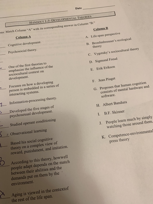 Solved Date HANDOUT 1 3 DEVELOPMENTAL THEORIES ns Match Chegg