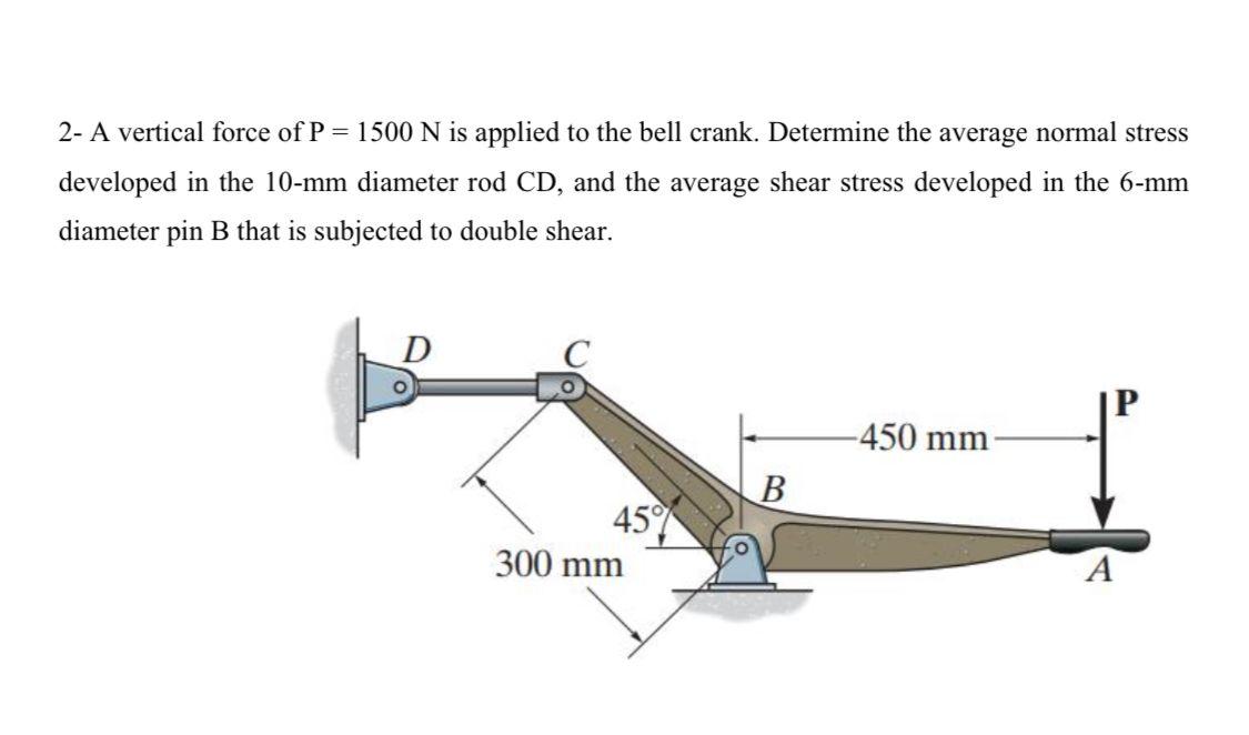 Solved 2- A vertical force of P = 1500 N is applied to the | Chegg.com