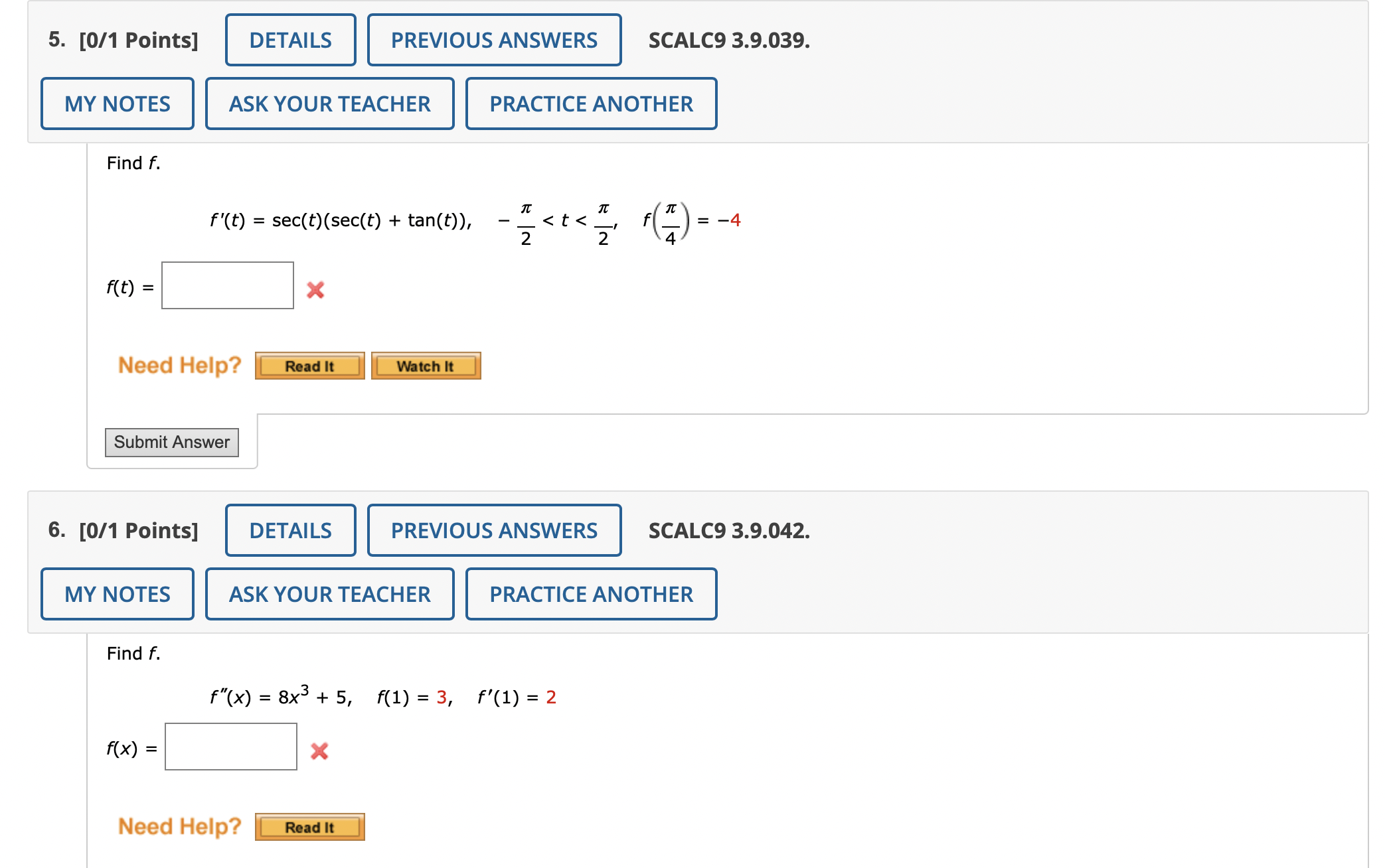 Solved SCALC9 3.9.039. Find f. | Chegg.com