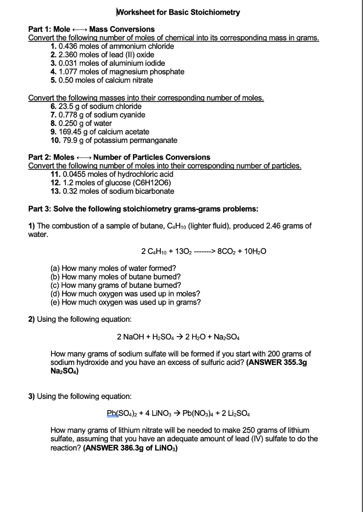 Solved Worksheet For Basic Stoichiometry Part 1 Mole A Mass Chegg