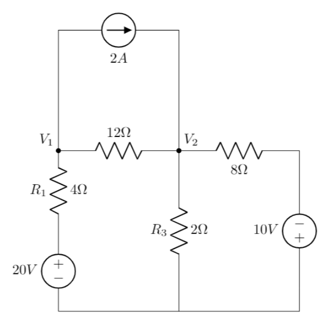 Solved 2Α 12Ω Vi V2 Λ 8Ω Ri 8 4Ω R3 8 2Ω 10V HI 20V | + | Chegg.com