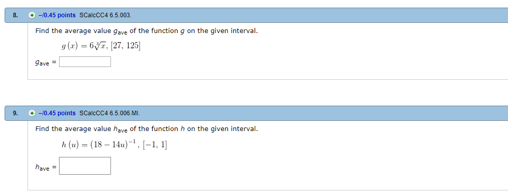 Solved -/0.45 points SCalcCC4 6.5.003. 8. Find the average | Chegg.com