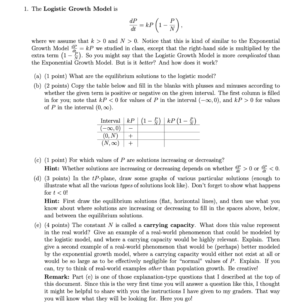 Solved 1. The Logistic Growth Model is dtdP=kP(1−NP) where