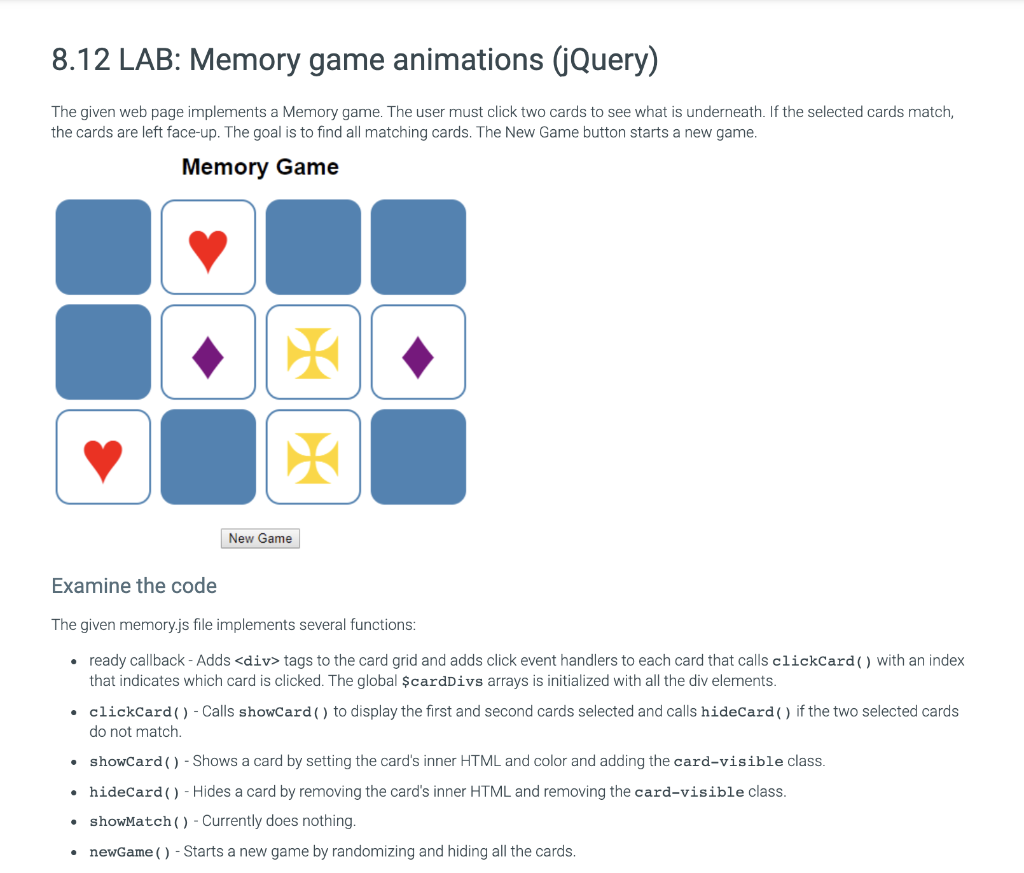  LAB: Memory game animations (jQuery) The given 