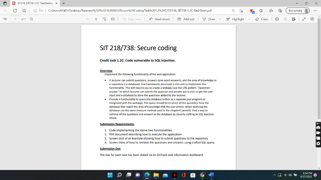 Solved Credit task 1.2C: Code vulnerable to SQL injection. | Chegg.com