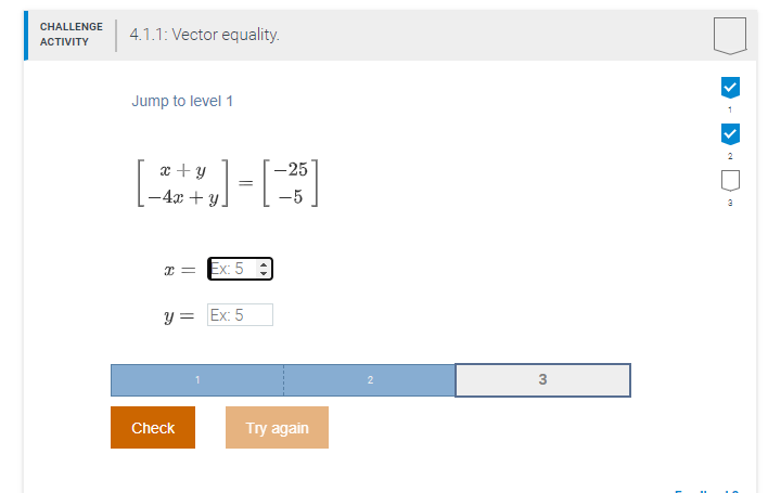 Solved CHALLENGE ACTIVITY 4.1.1: Vector equality Jump to | Chegg.com