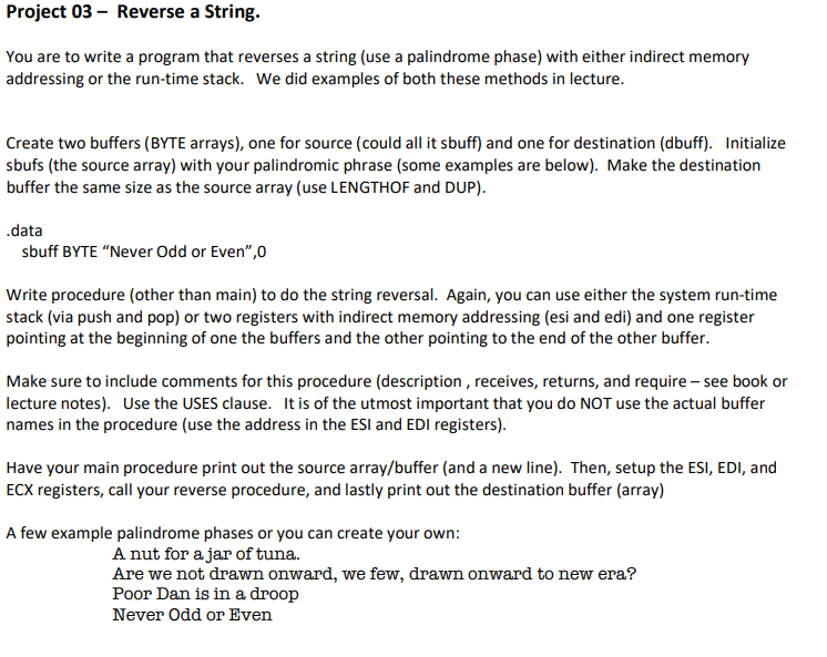 Solved Reverse a String Assembly Language You are to write | Chegg.com