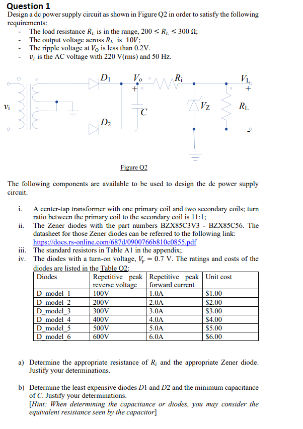 Question 1 Design a dc power supply circuit as shown | Chegg.com