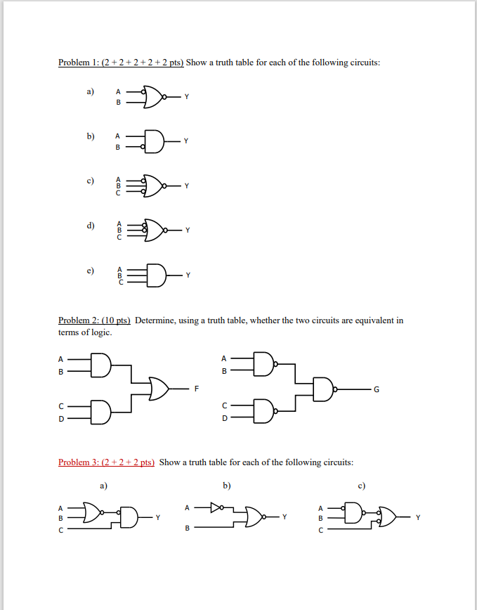 Problem 1: \( (2+2+2+2+2 \mathrm{pts}) \) Show a truth table for each of the following circuits:
a)
b)
c)
d)
e)
Problem 2: (1