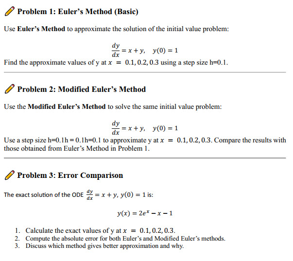 Problem 1: Euler's Method (Basic)Use Euler's Method | Chegg.com