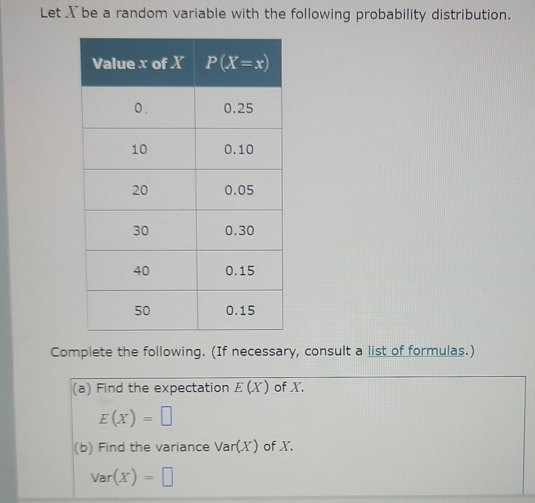 Solved Let x ﻿be a random variable with the following | Chegg.com