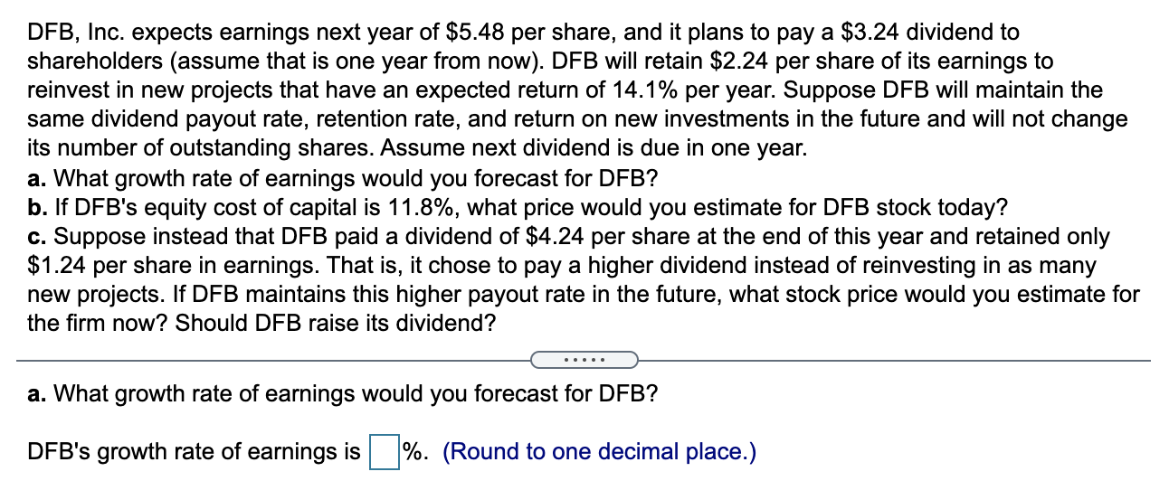 Solved DFB, Inc. Expects Earnings Next Year Of $5.48 Per | Chegg.com