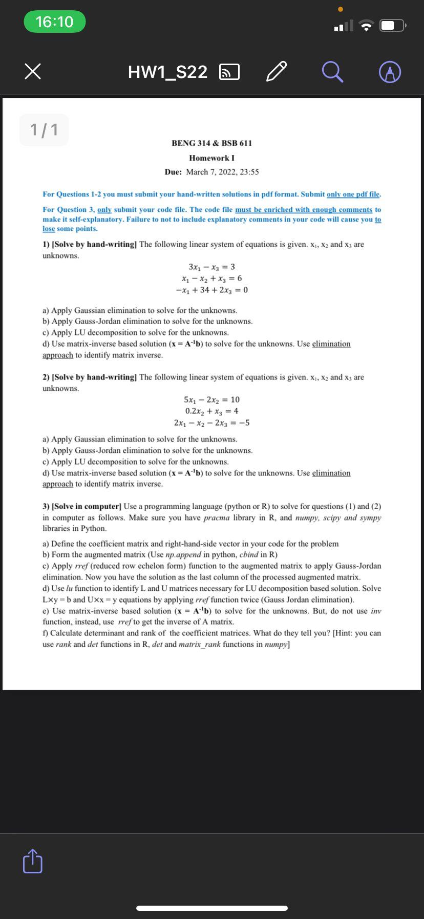 Solved 16:10 Х HW1_S22 5 O 1/1 BENG 314 & BSB 611 Homework 1 | Chegg.com