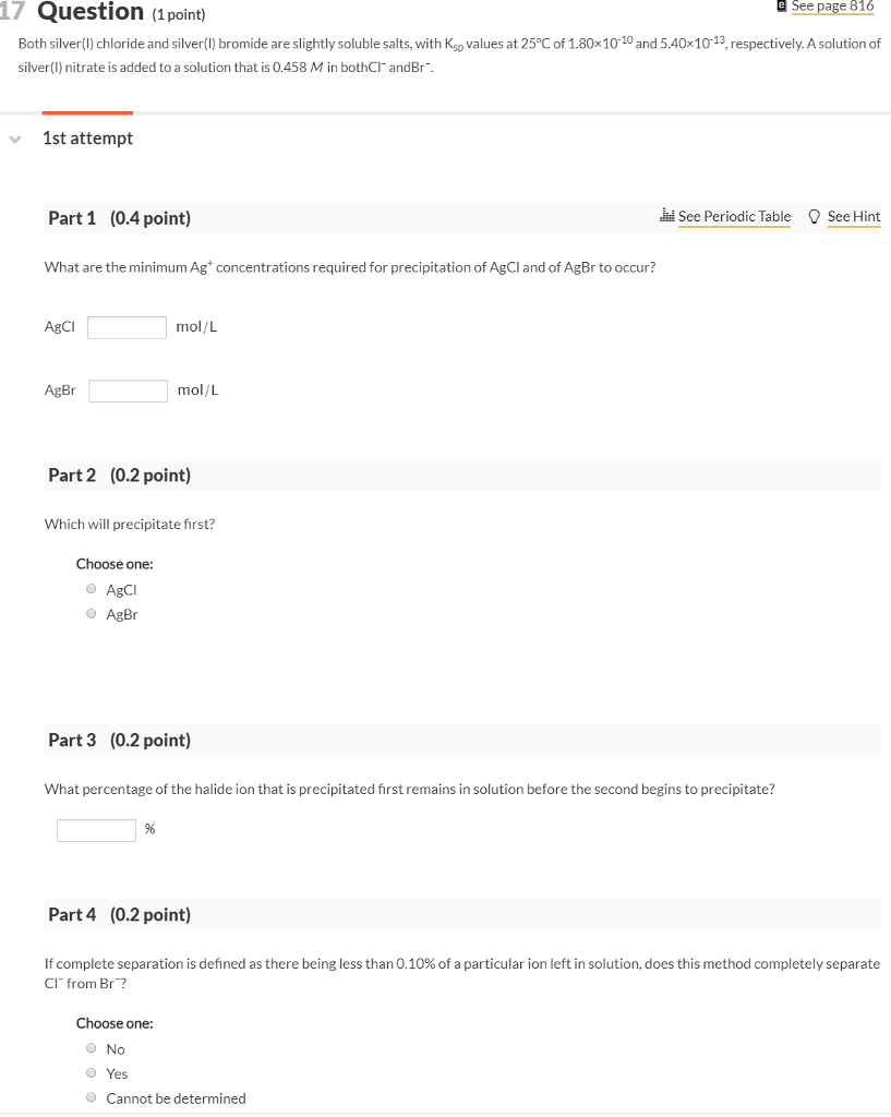 Solved 17 Question (1 point) e See page 816 Both silver(l) | Chegg.com