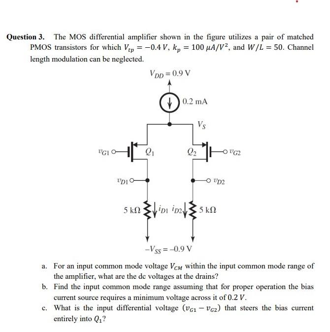 Solved Question 3. The MOS differential amplifier shown in | Chegg.com