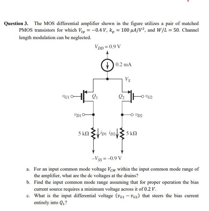 Solved Question 3. The MOS Differential Amplifier Shown In | Chegg.com