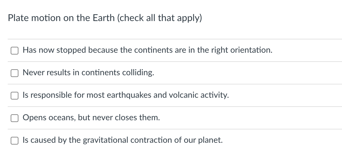 Solved Plate motion on the Earth (check all that apply) Has | Chegg.com