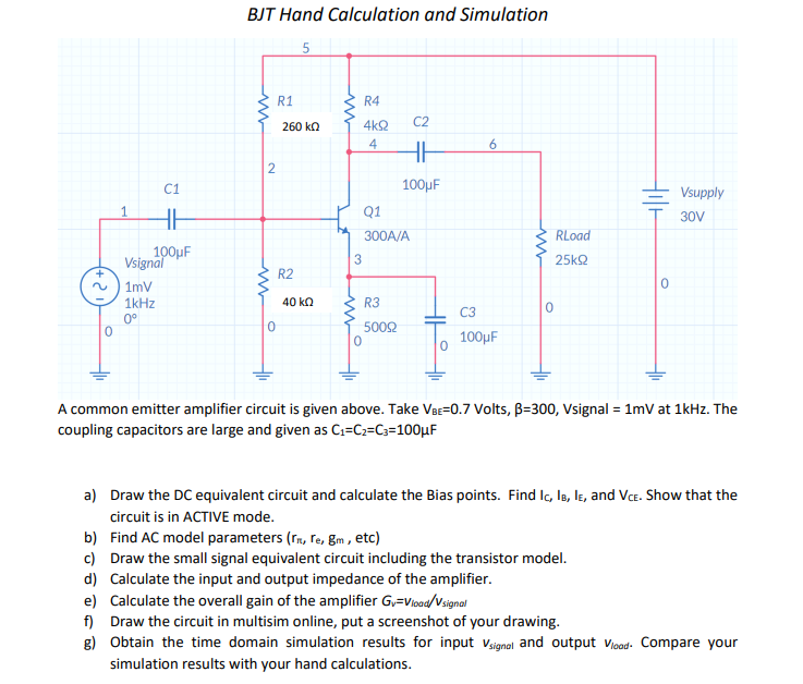 Solved BJT Hand Calculation and Simulation 5 R1 R4 260 ΚΩ C2 | Chegg.com