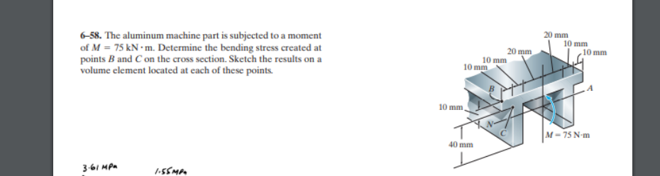 6-58. The aluminum machine part is subjected to a moment of \( M=75 \mathrm{kN} \cdot \mathrm{m} \). Determine the bending st