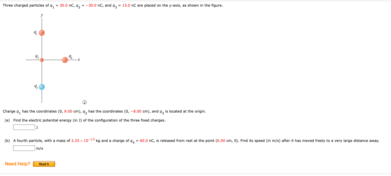 Solved Three charged particles of q1=30.0nC,q2=−30.0nC, and | Chegg.com