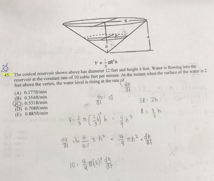 Solved 45. The conical reservoir shown above has diameter 12