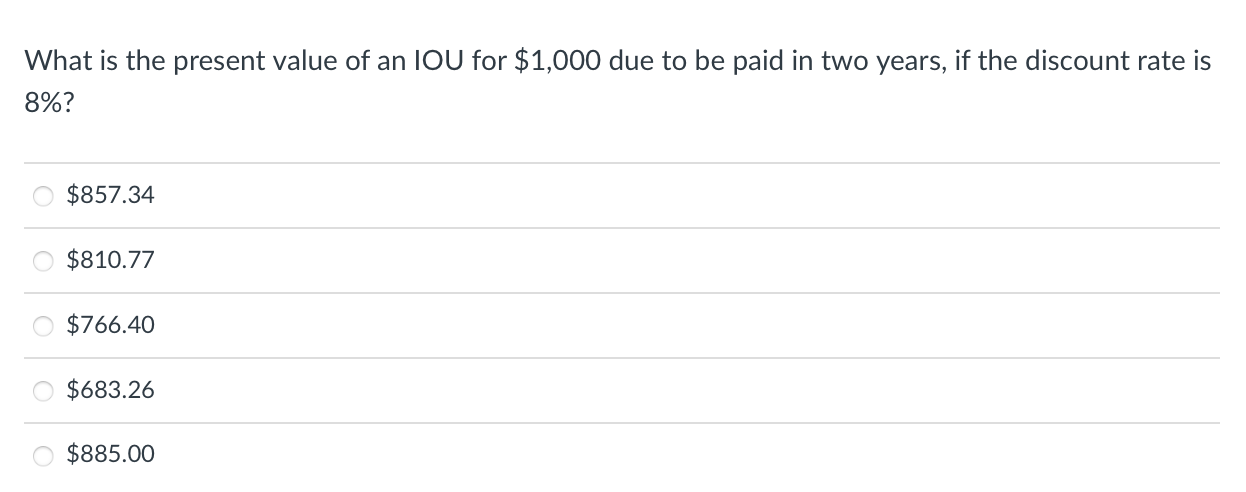 Solved What is the present value of an IOU for $1,000 due to | Chegg.com