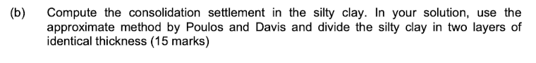 b) Compute the consolidation settlement in the silty clay. In your solution, use the approximate method by Poulos and Davis a