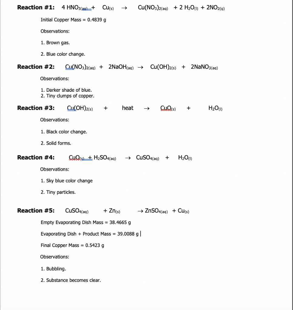 Solved Reaction #1: 4 HNO3(as_+ Cu(s) Cu(NO3)2(aq) + 2 | Chegg.com