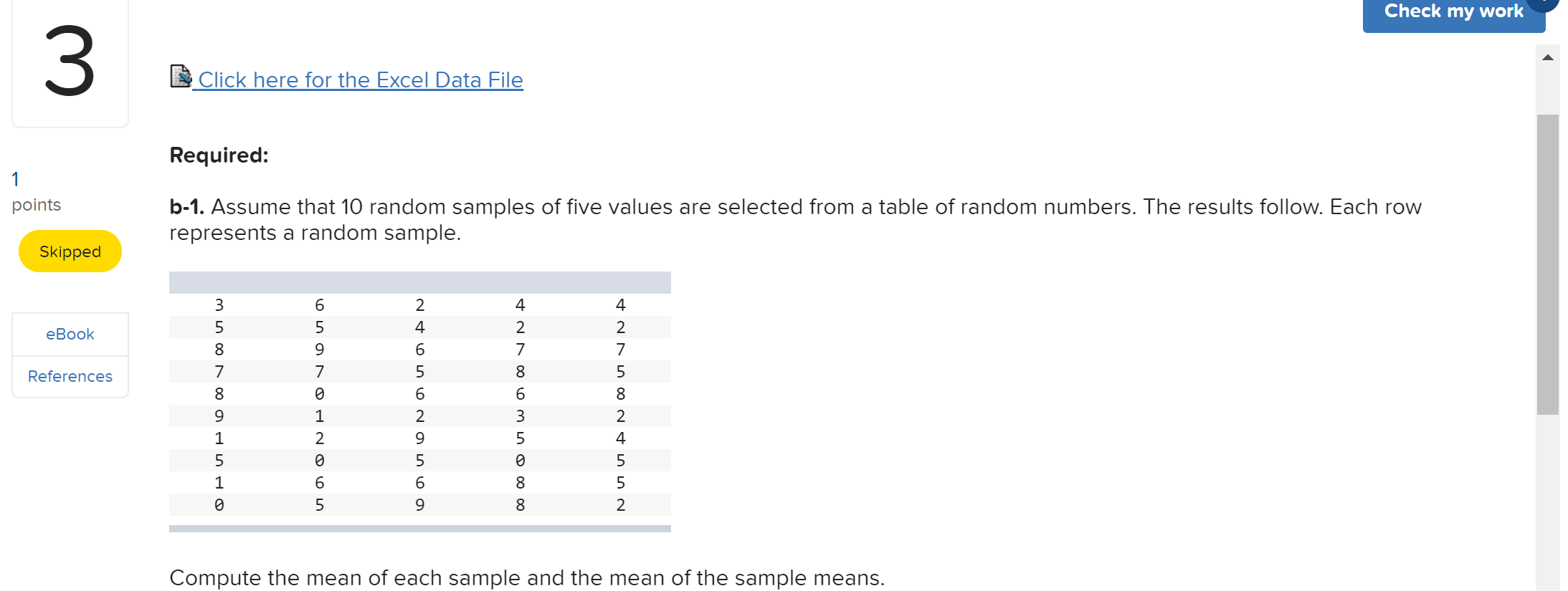 Solved Check my work 3 Click here for the Excel Data File | Chegg.com